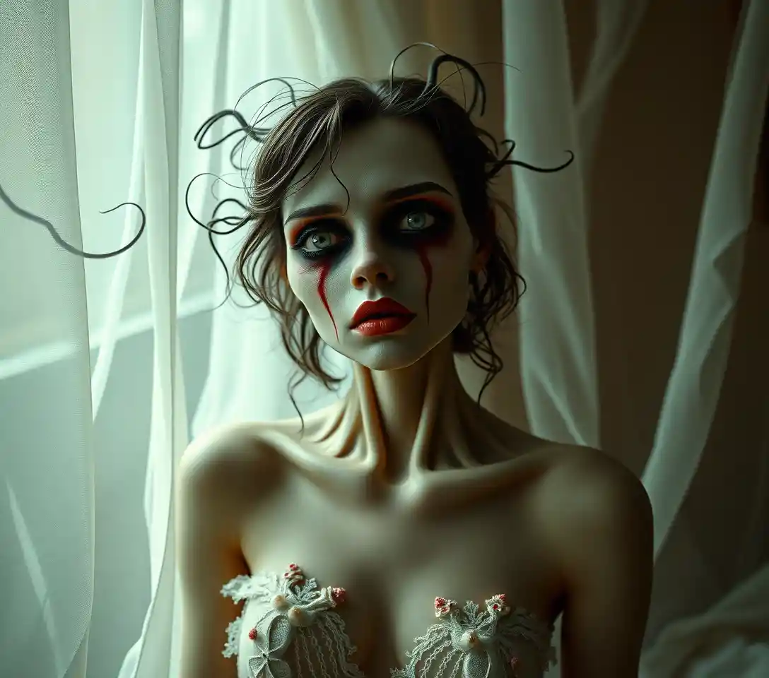 Surreal woman in a dreamlike scene of heaven and panic