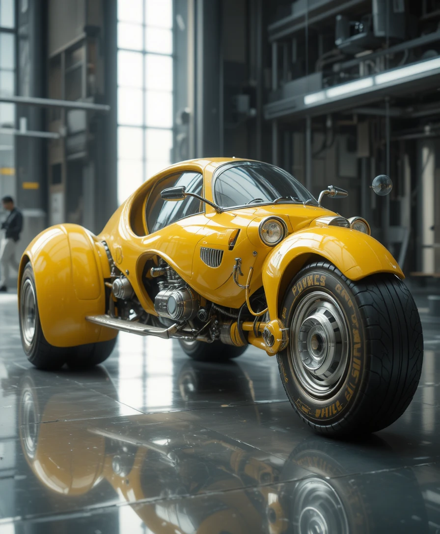 Enorme triciclo futurista amarelo com design arredondado e imaginativo