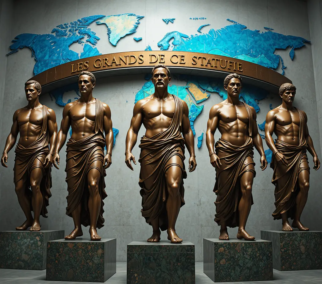 Estátuas de bronze de líderes mundiais diante de um mapa-múndi