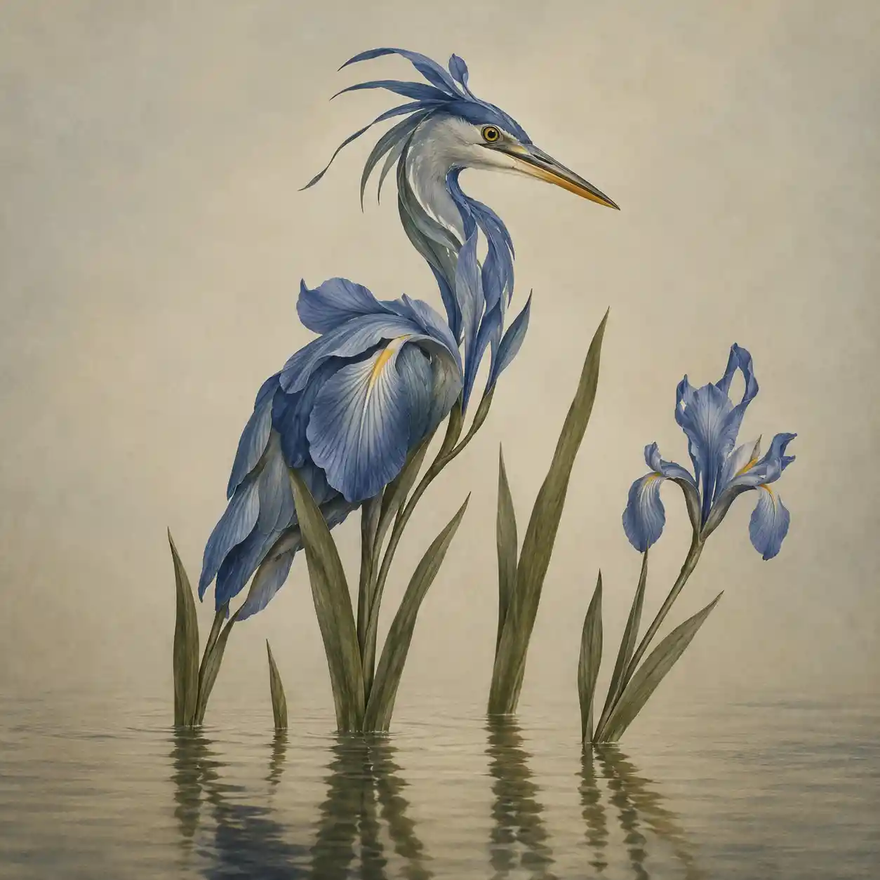 Heron Formed From Blue Iris Petals In Shallow Water