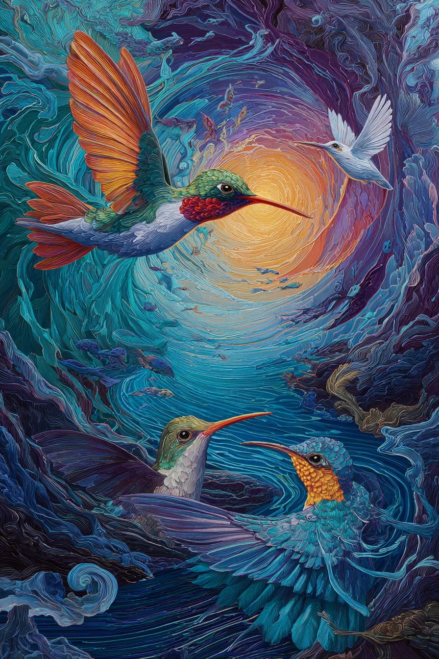 Pintura vívida de beija-flor em cores abstratas radiantes e espiraladas
