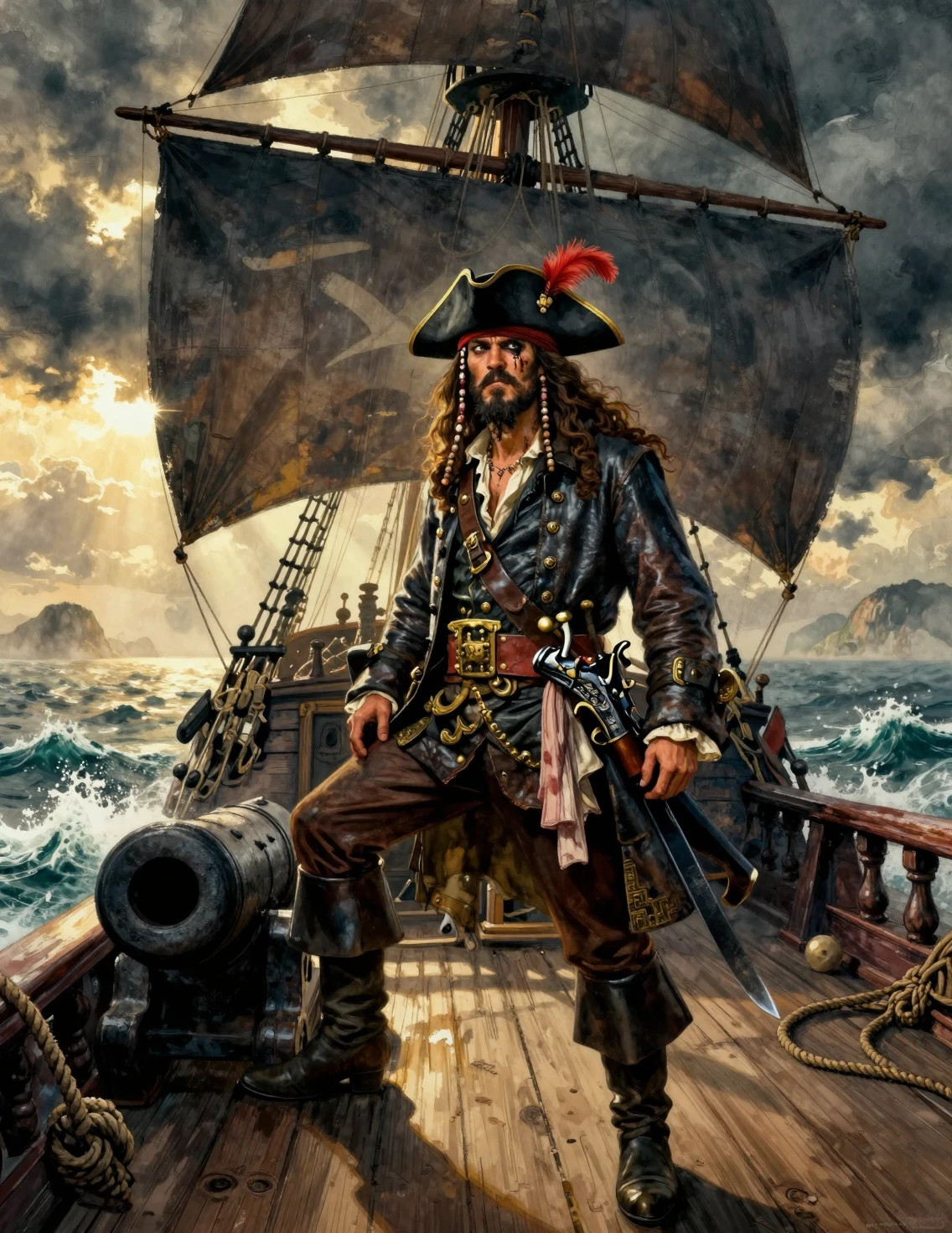 Capitaine pirate sur le pont dominant une mer orageuse