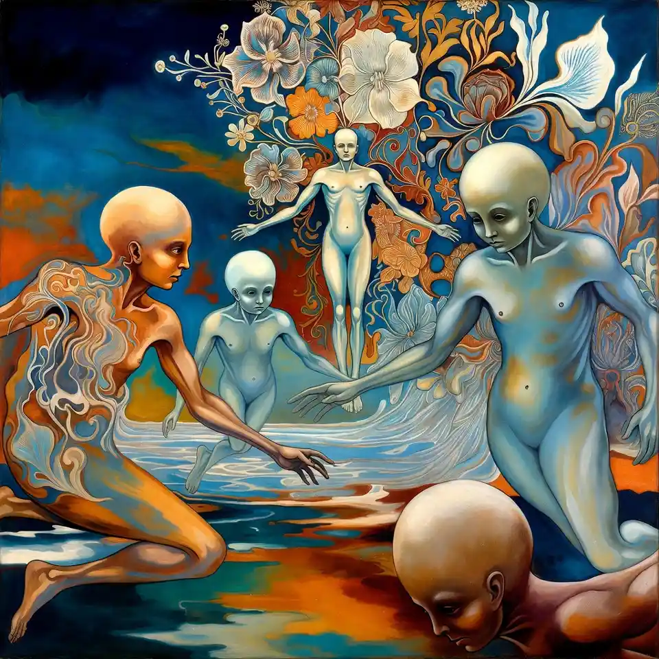Divinité surréaliste avec êtres flottants et motifs floraux