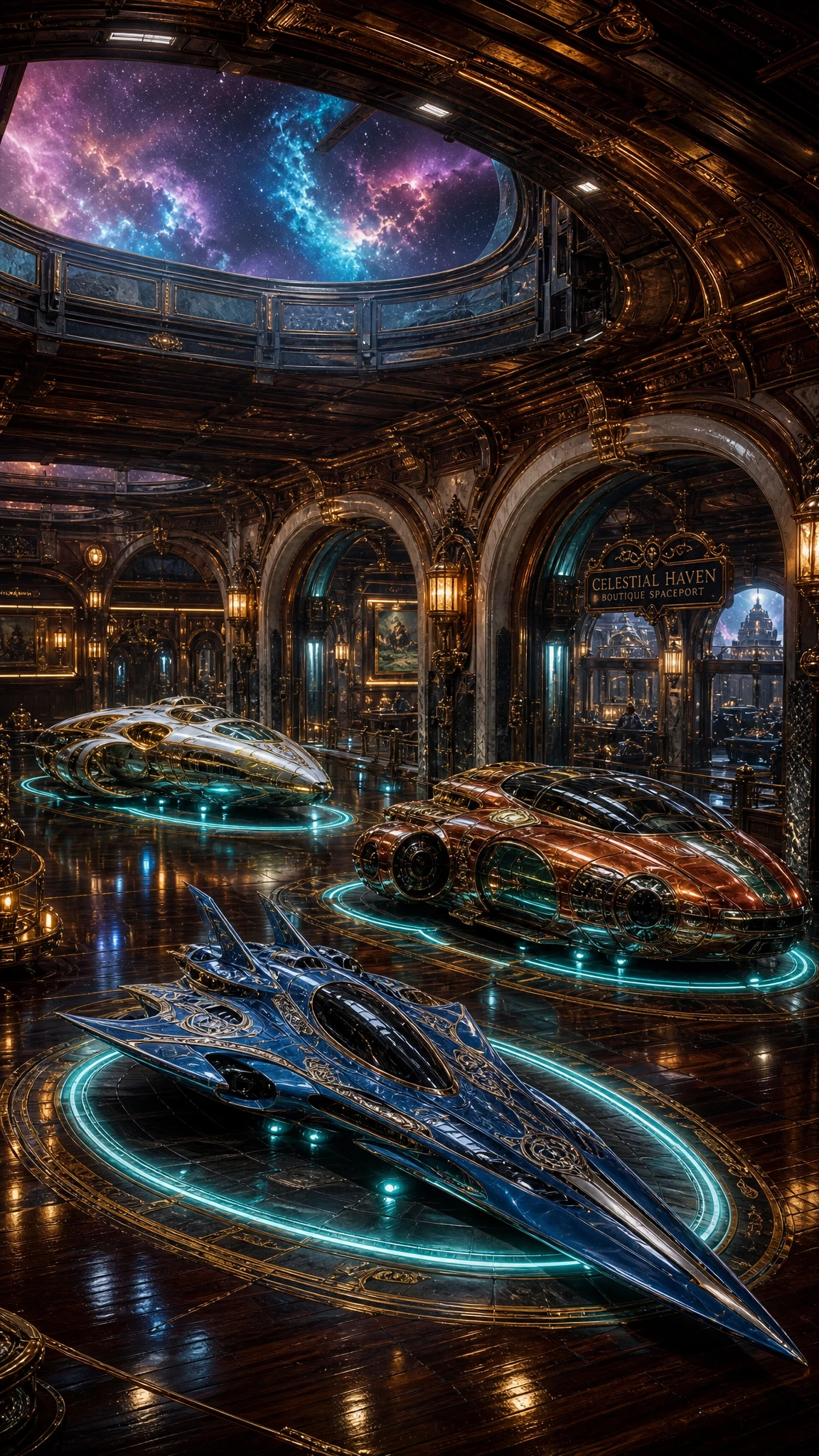 Luxuriöser Boutique-Weltraumhafen-Hangar mit prunkvollen Raumschiffen