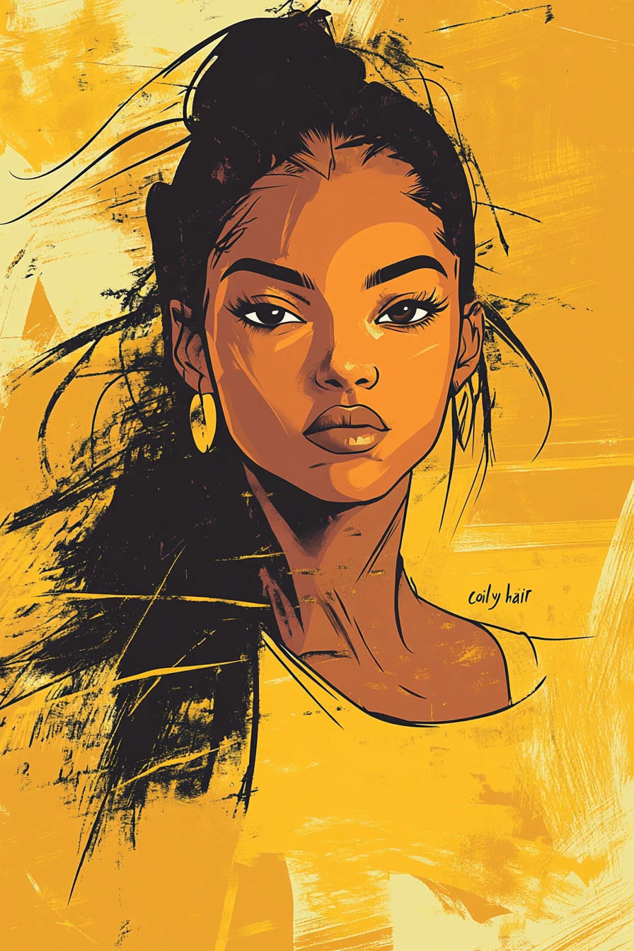 Technical bust portrait of a young woman with coily hair