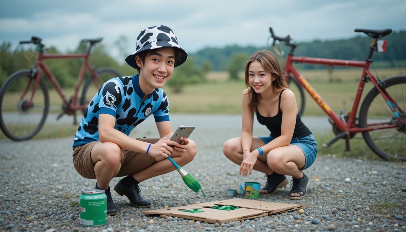 Due persone che dipingono del cartone all'aperto vicino a biciclette parcheggiate