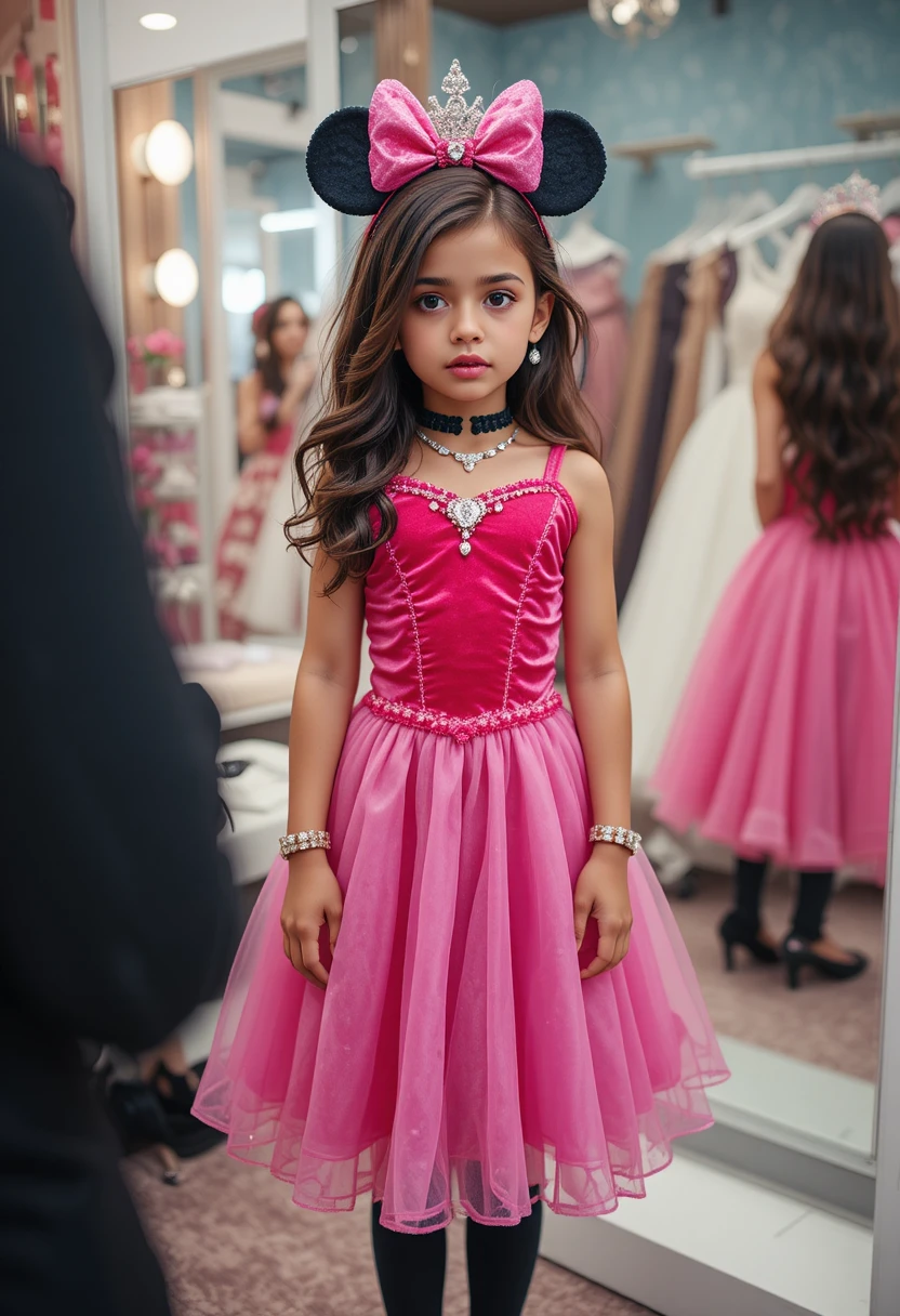 Menino nervoso com vestido rosa da Minnie no fundo da loja