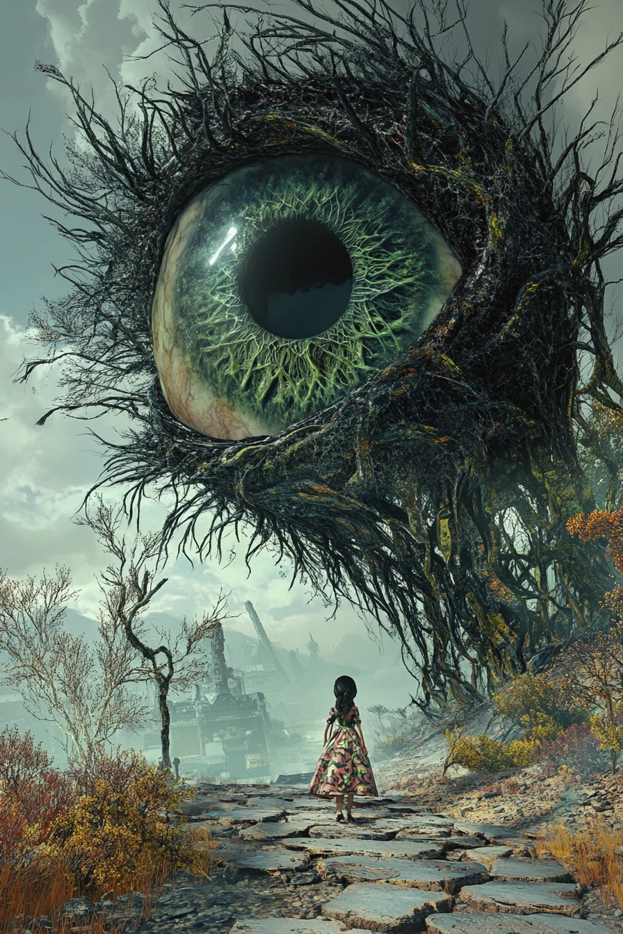 Menina observando o olho colossal e surreal de uma árvore
