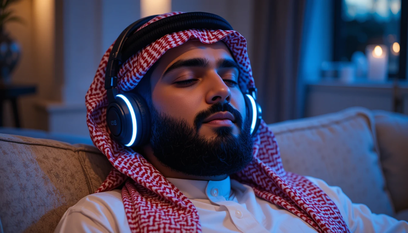 Homem do Oriente Médio relaxando com fones de ouvido à noite