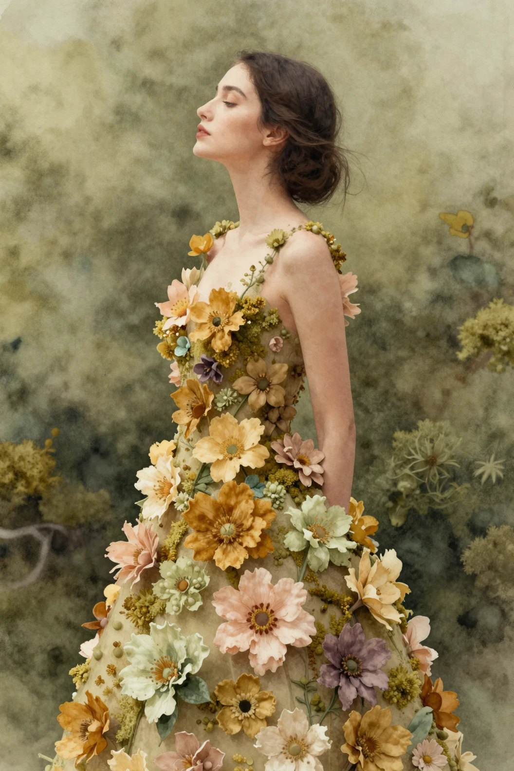Mulher de vestido floral em fundo verde‑musgo