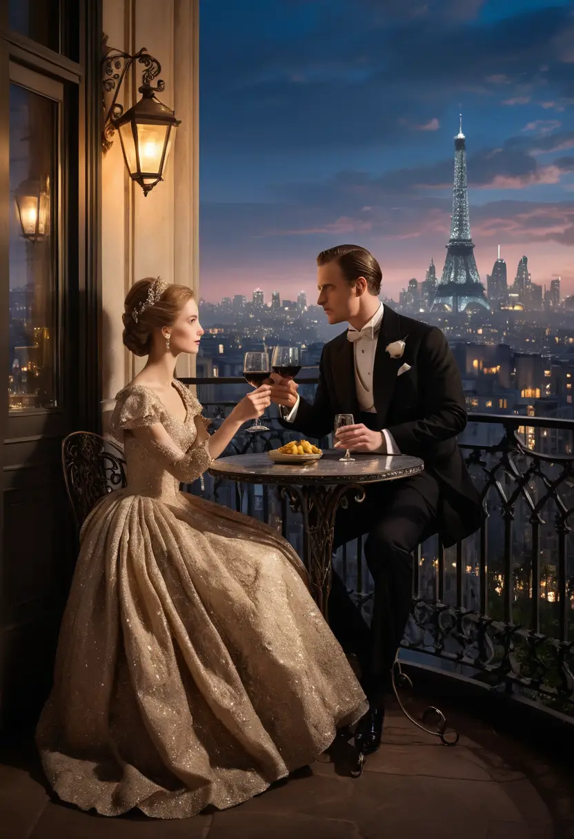 Elegant couple on city balcony at dusk with wine