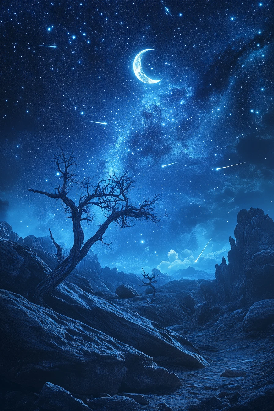 Paisagem Lunar Mística com Meteoros e Silhuetas Antigas