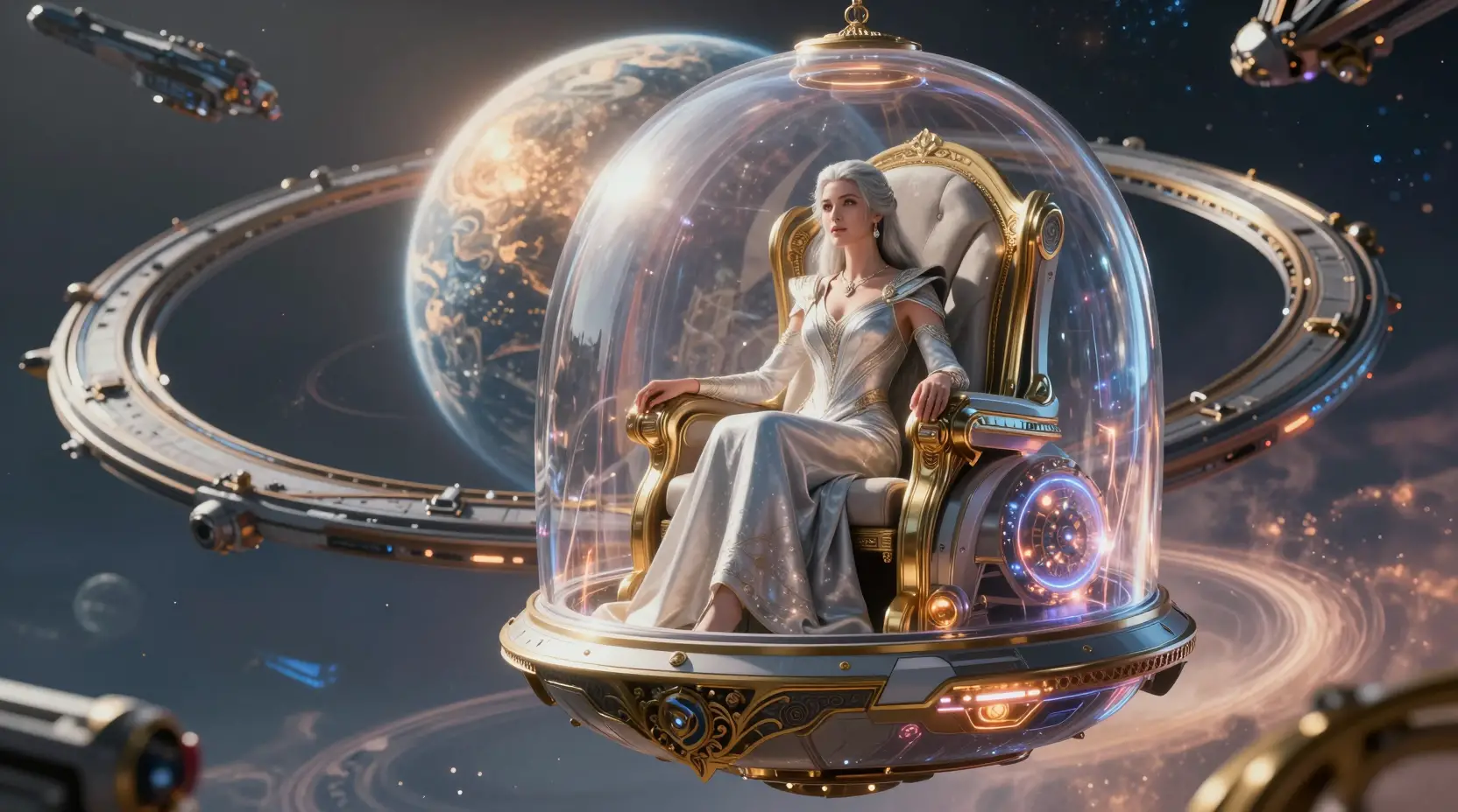 Regina regale su un trono volante futuristico sopra lo spazio