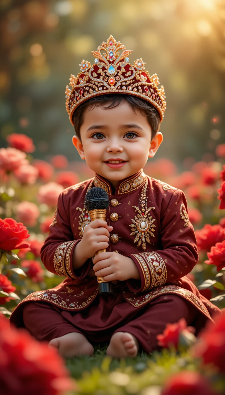Menino sorridente em sherwani bordô entre rosas vermelhas