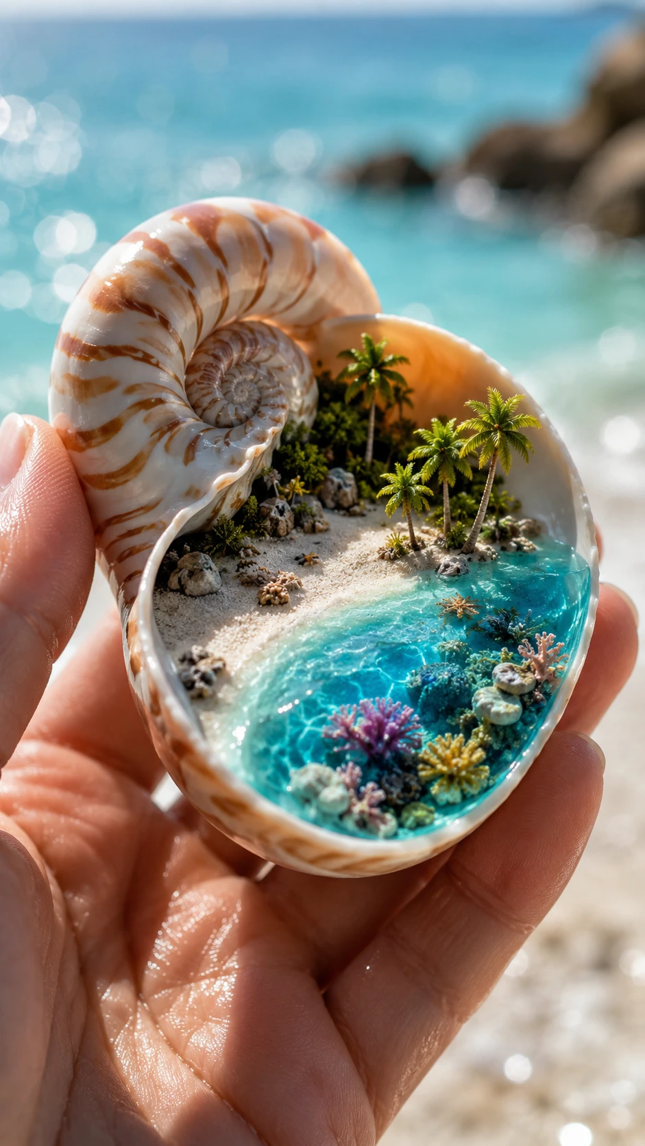 Macro photo of a hand holding a nautilus island