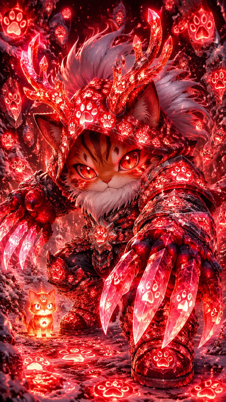 Guerrier chat d’anime en armure de cristal dans une forêt lumineuse