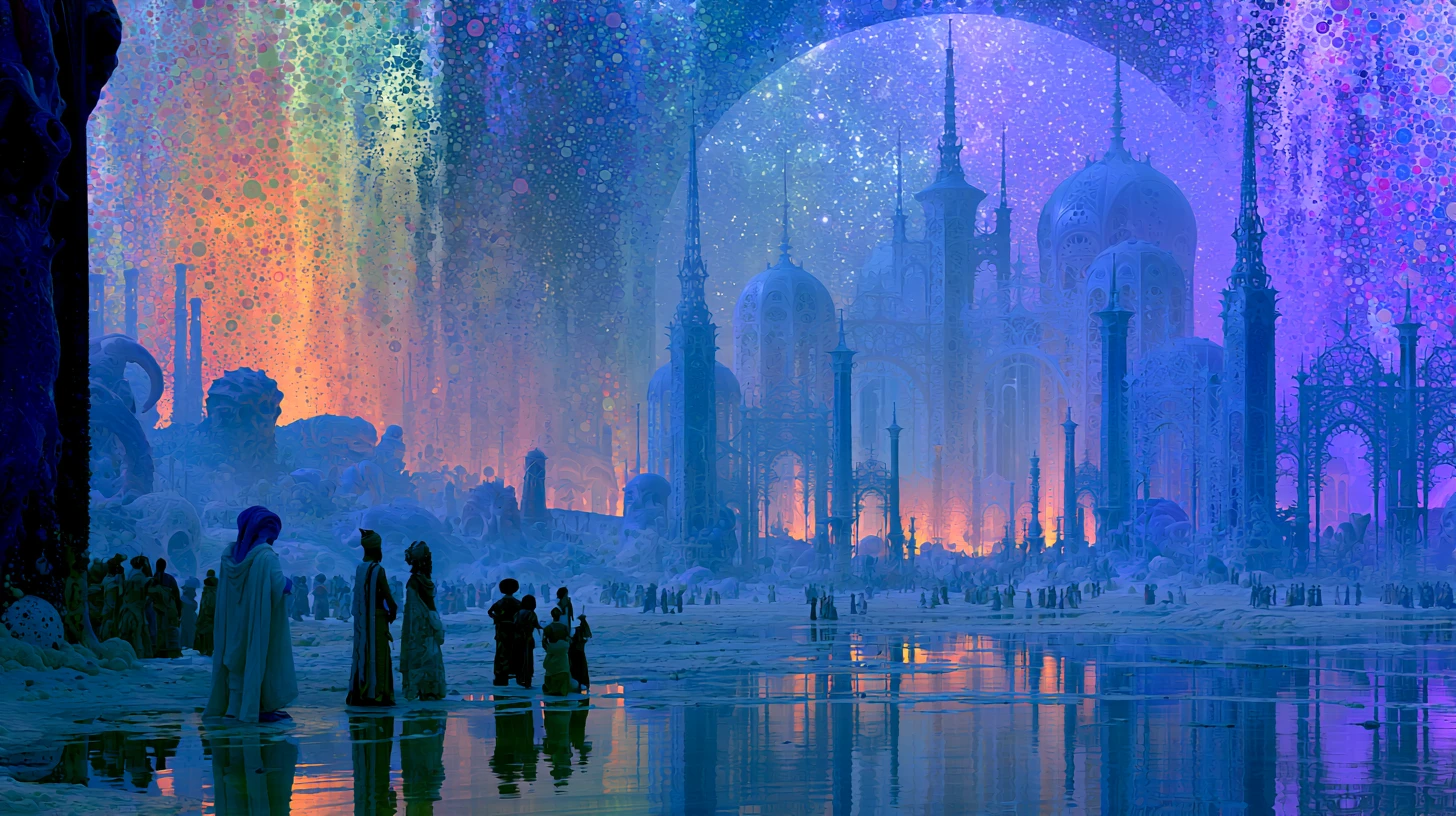 Cidade futurista surreal de Atlântida com muitas culturas e espécies