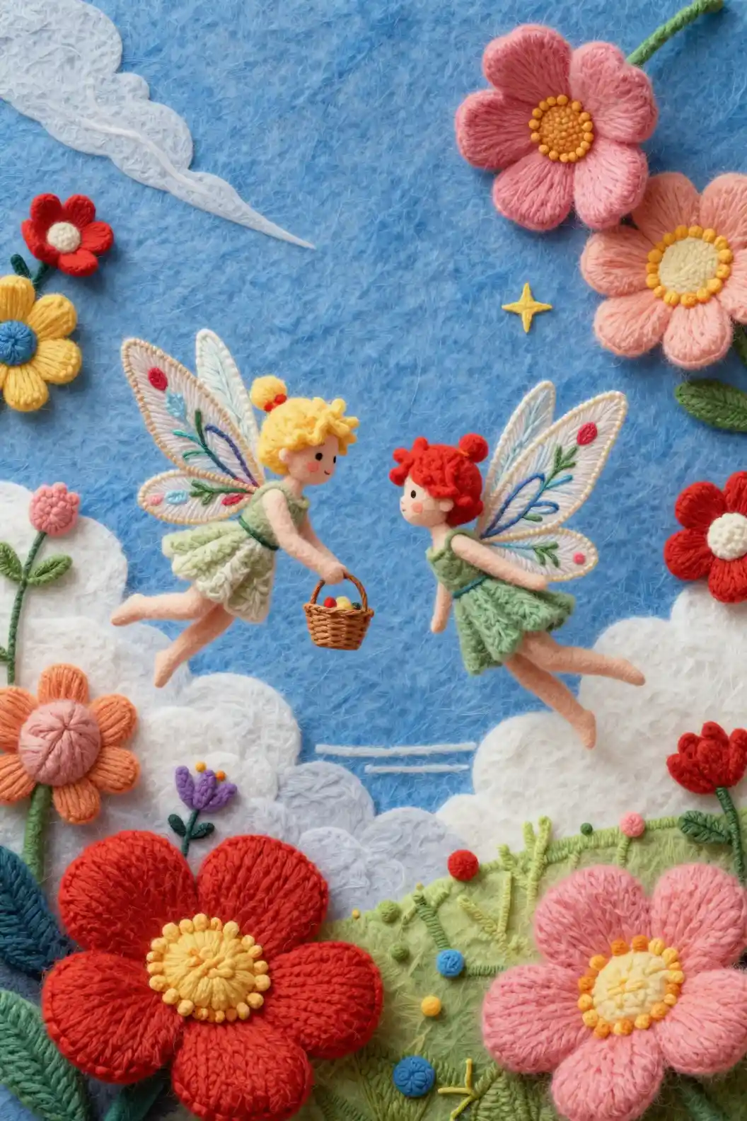 拼貼天空中擁有刺繡翅膀的紡織小精靈