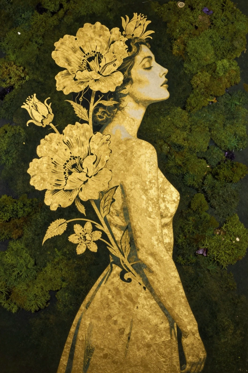 大きな花をあしらった女性のゴールドステンシルポートレート
