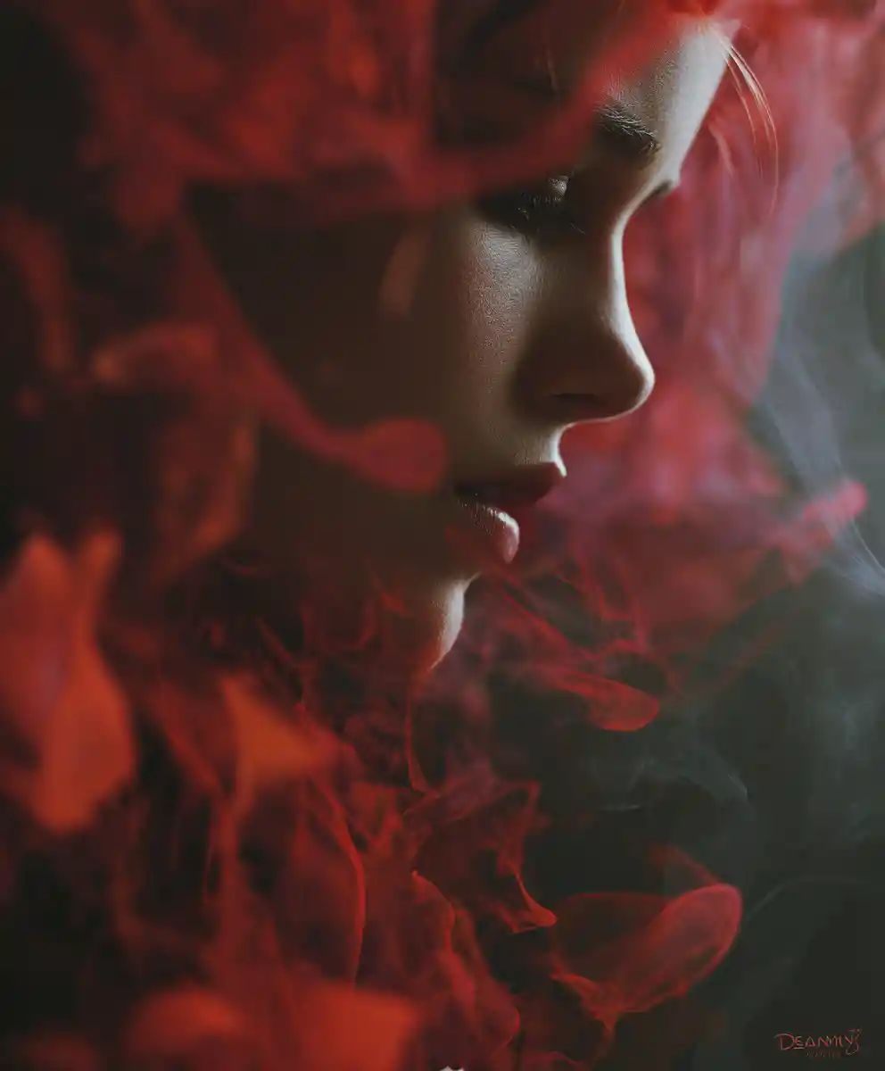 Chica que despierta en interiores entre una oscuridad roja y negra en espiral