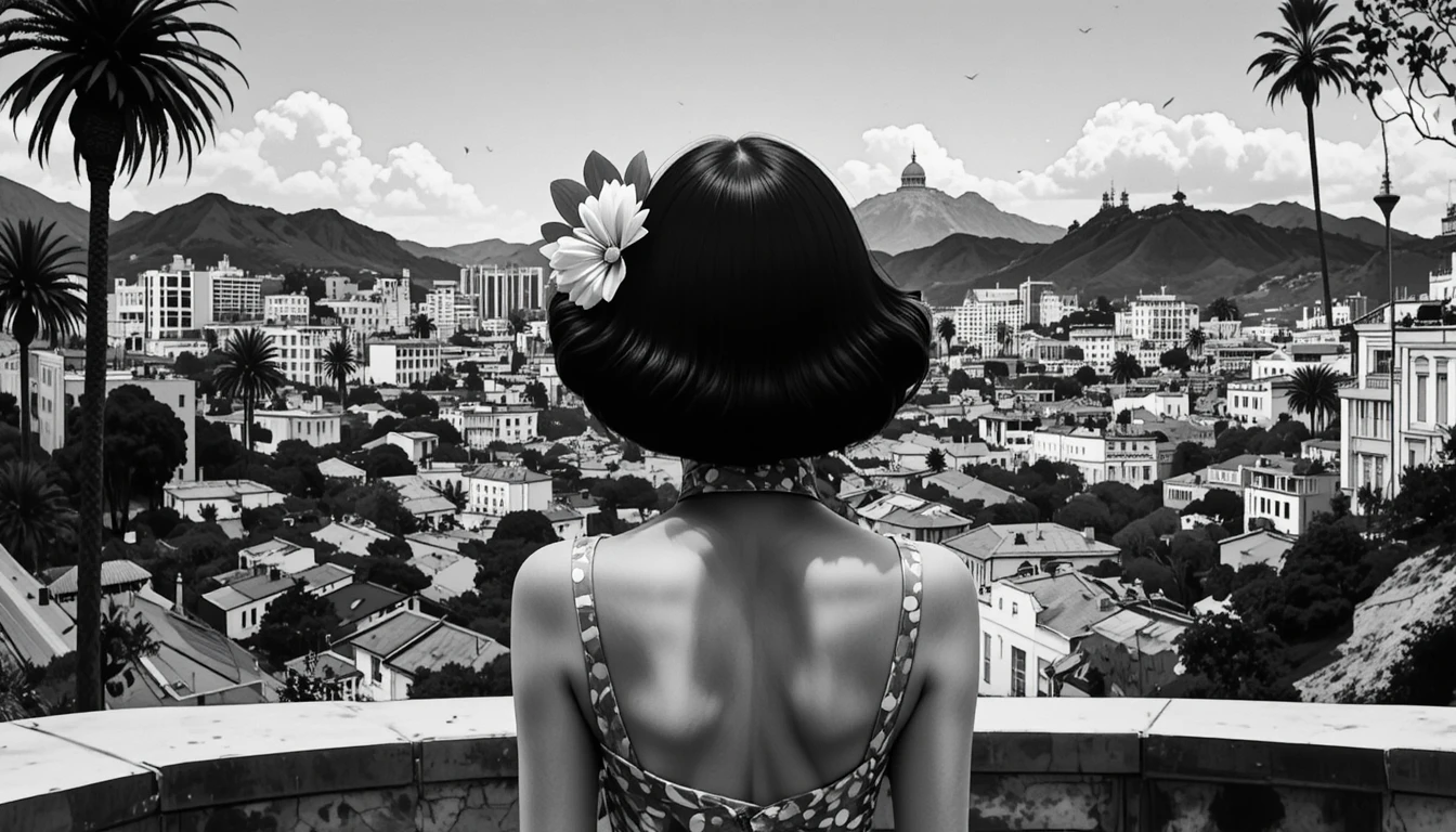 Gros plan en noir et blanc d’une femme glamour en ville