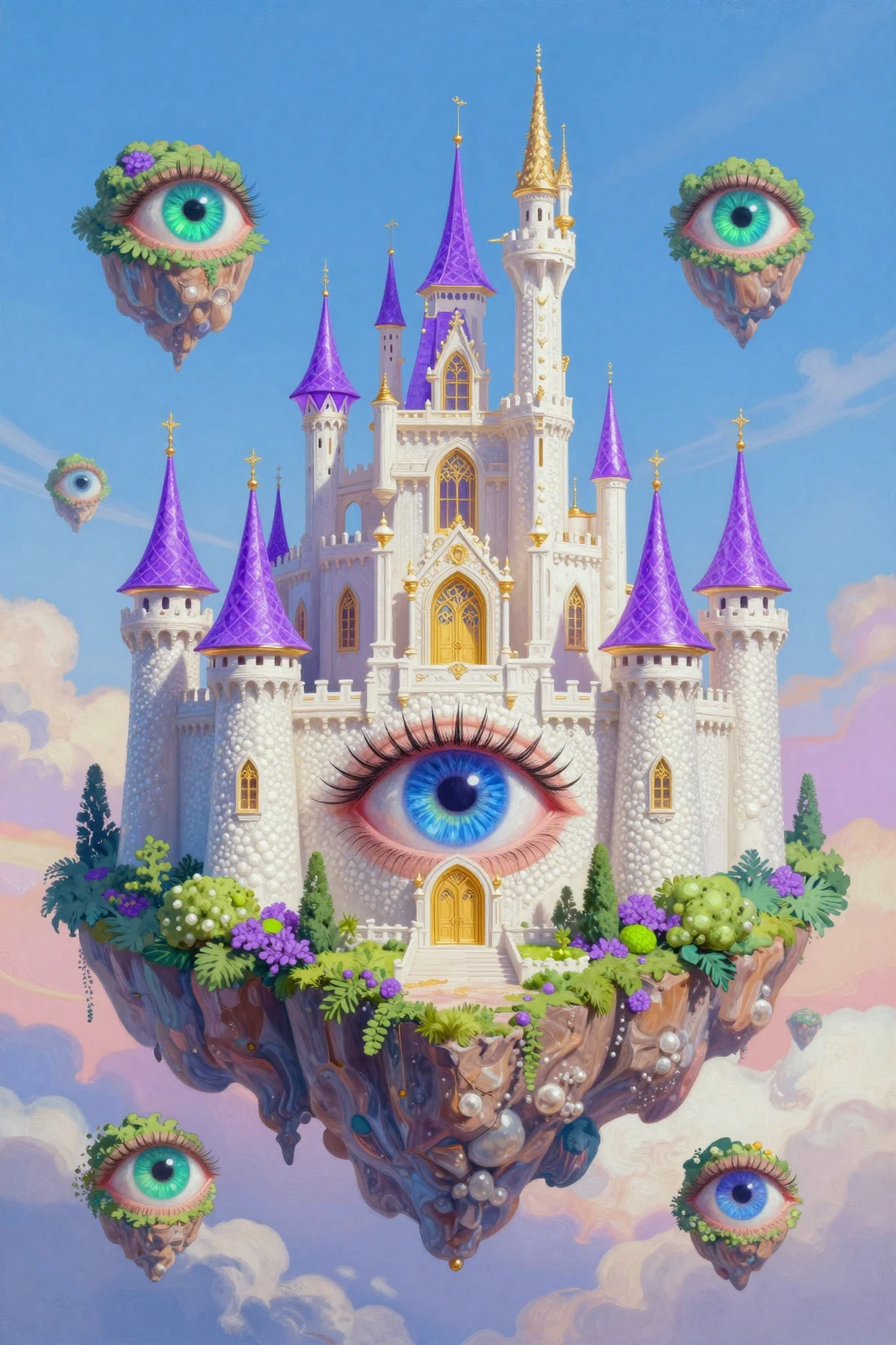 Château de perle flottant dans le ciel avec tours au néon