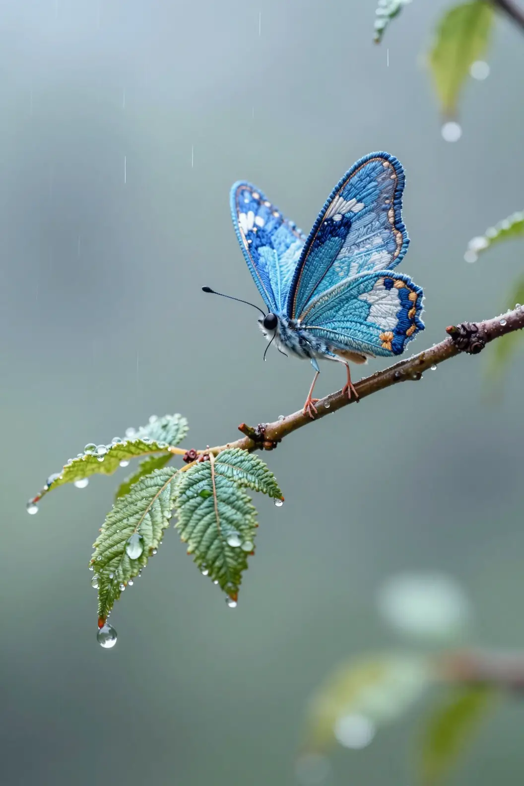 柔和雨林樹枝上的精緻藍色小仙子