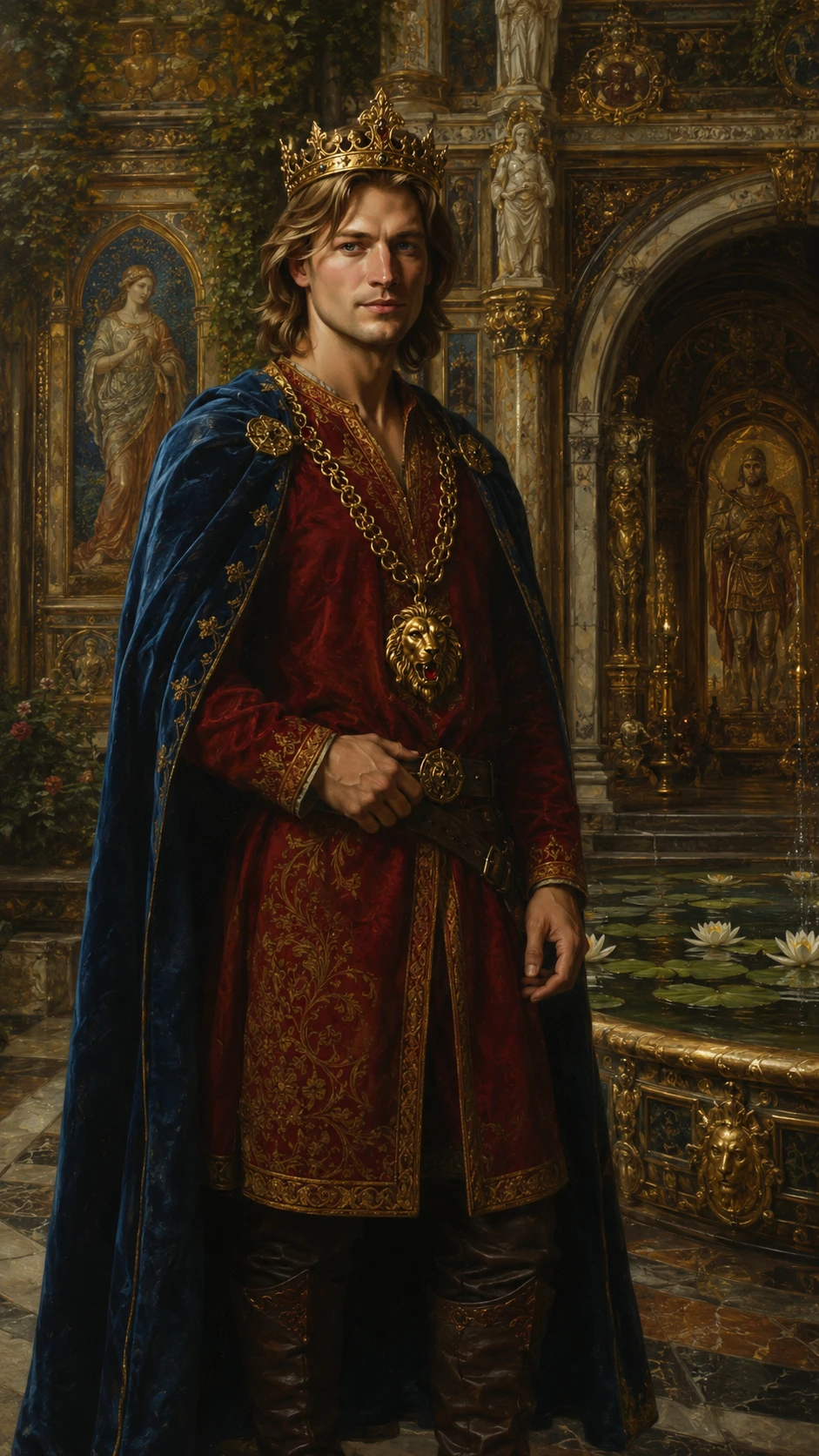 Retrato masculino renascentista em jardim de castelo
