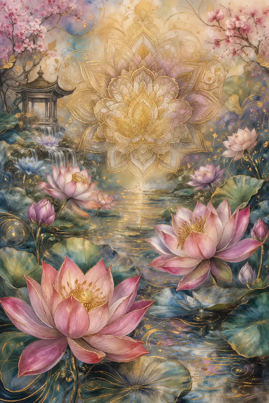 Mandala lotus flowers floating in an asian inspired pond