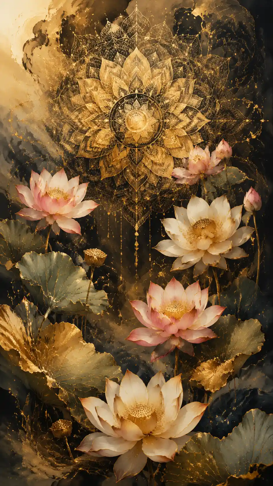 Goldene Lotus-Mandala-Illustration mit fließendem abstraktem Hintergrund
