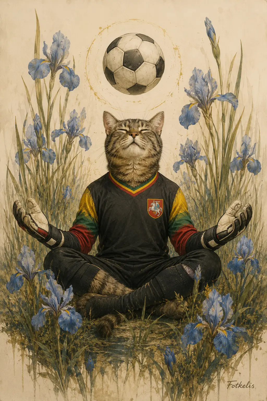 アイリスの花に囲まれて瞑想する禅の猫ゴールキーパー