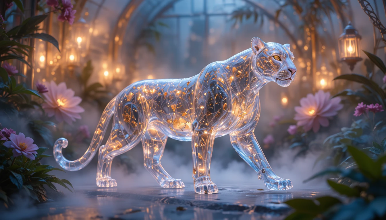 Guardião leopardo de cristal em estufa enevoada noturna