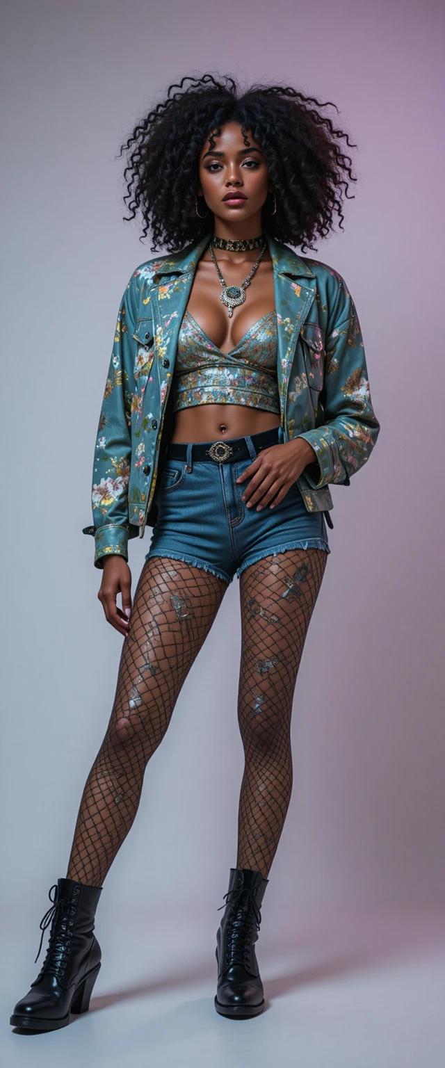 Mulher urbana de cabelos cacheados em look rapper chique