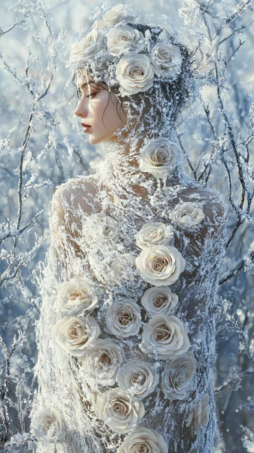 Donna Avvolta in Rose Ghiacciate in un Frutteto Innevato