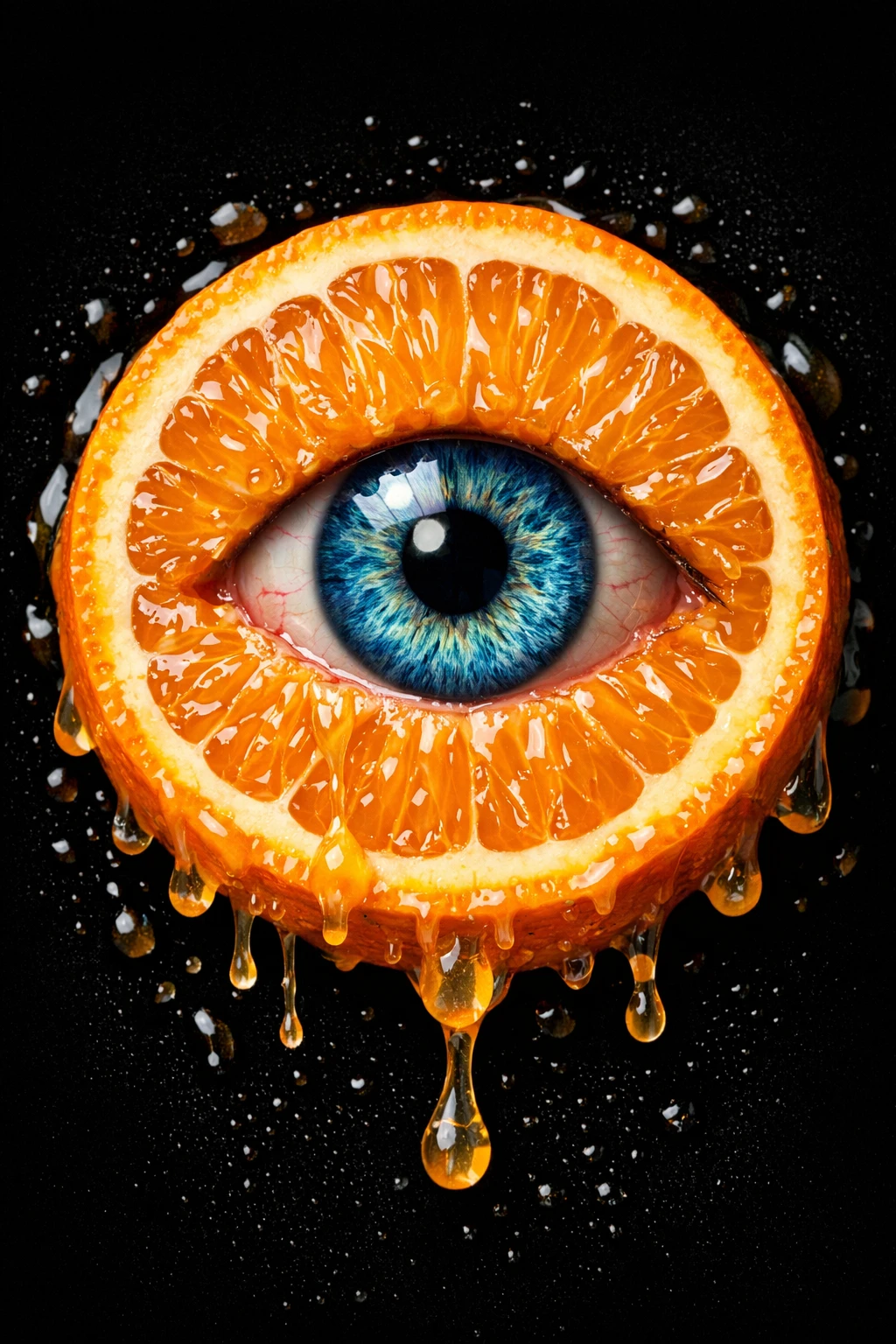 Arancia surreale con occhio blu realistico e succo che gocciola