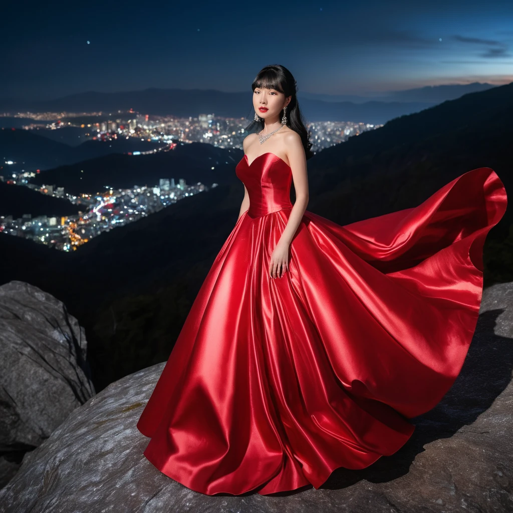 Femme élégante en robe de satin rouge par une nuit de montagne