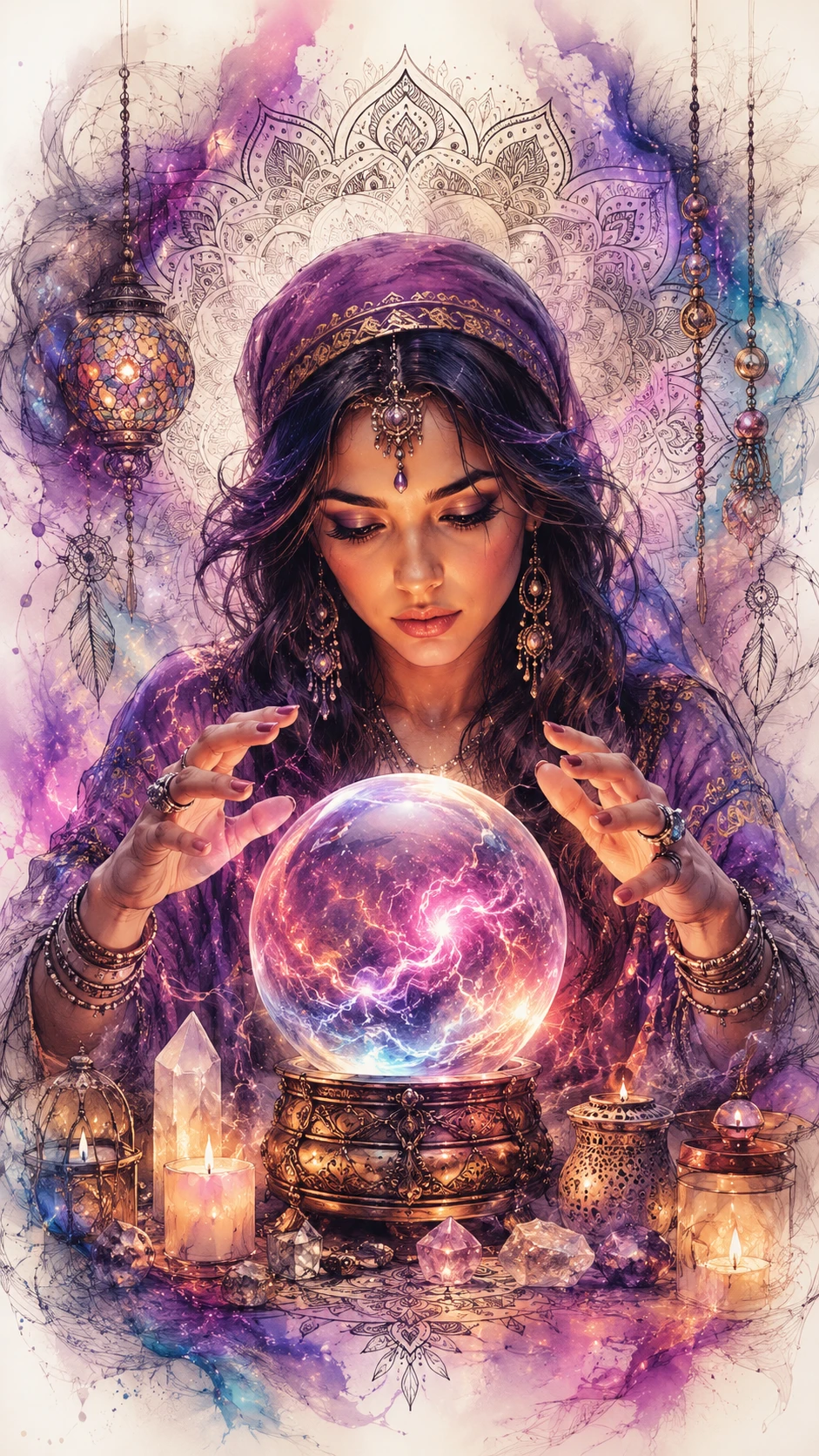 Vidente mística com bola de cristal brilhante em arte mandala