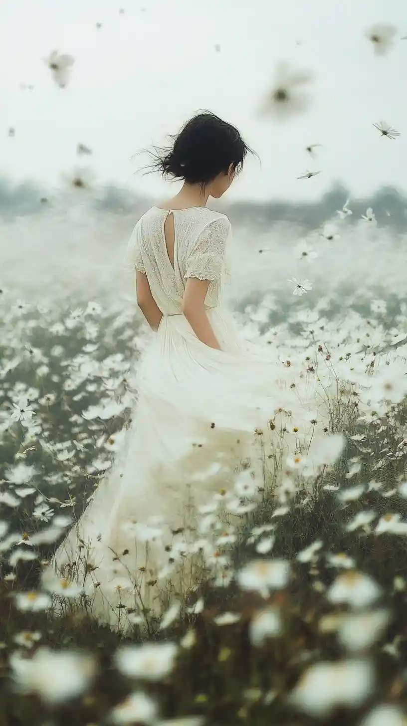Femme debout dans un pré infini de fleurs sauvages blanches