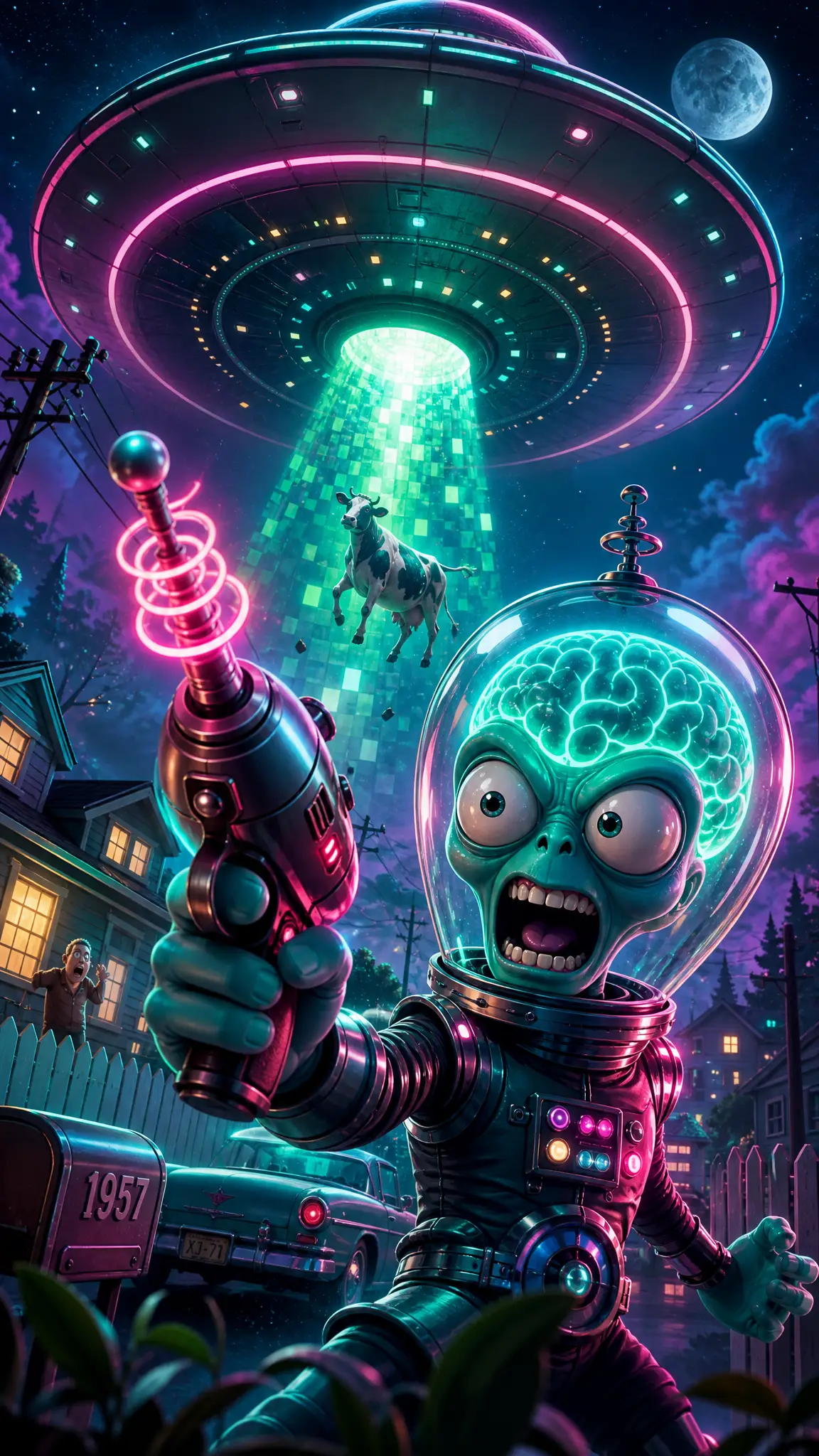 Cartoon alien with UFO beam over retro suburban street