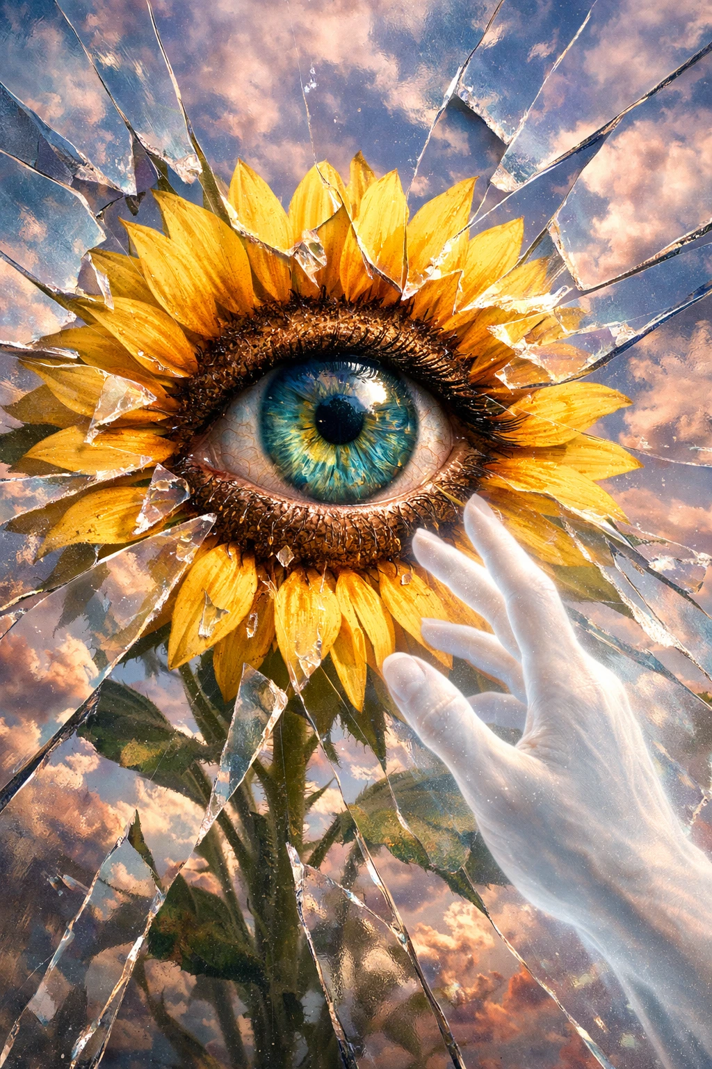 Olho surreal de girassol com vidro estilhaçado e céu em tons pastéis