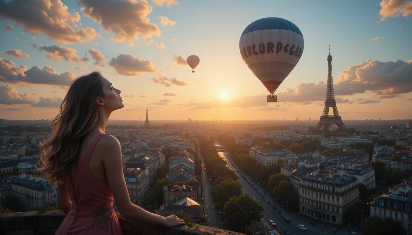 Gros plan d’une femme regardant une montgolfière au-dessus de Paris