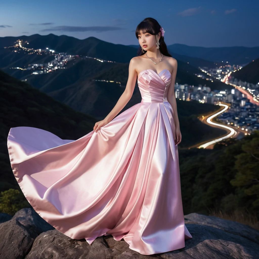 Garota elegante com vestido de cetim rosa em uma montanha à noite