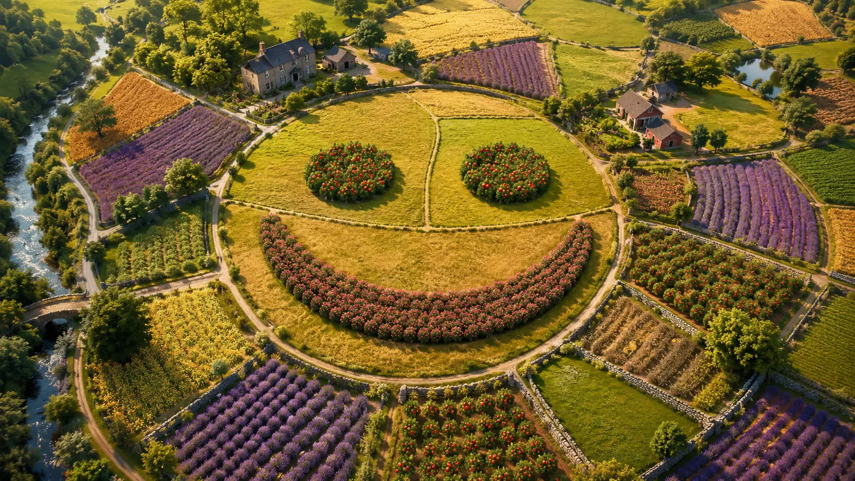 Campagne en patchwork de vergers et de champs de lavande vue du ciel