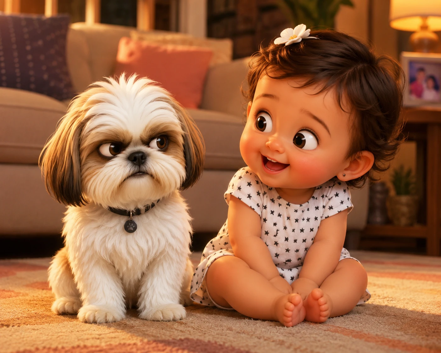 Shih tzu rabugento e menina rindo em sala de estar aconchegante