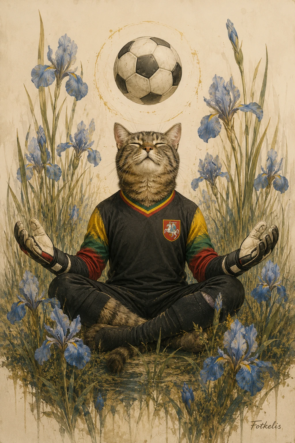 Zen-Katzen-Torwart in Meditation zwischen Irisblüten