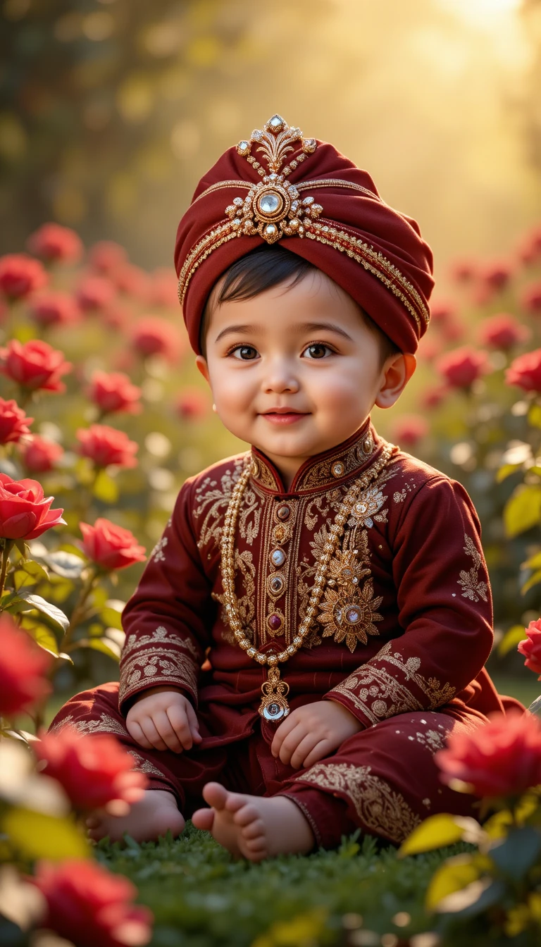 Príncipe bebê sorridente em sherwani bordô entre rosas vermelhas