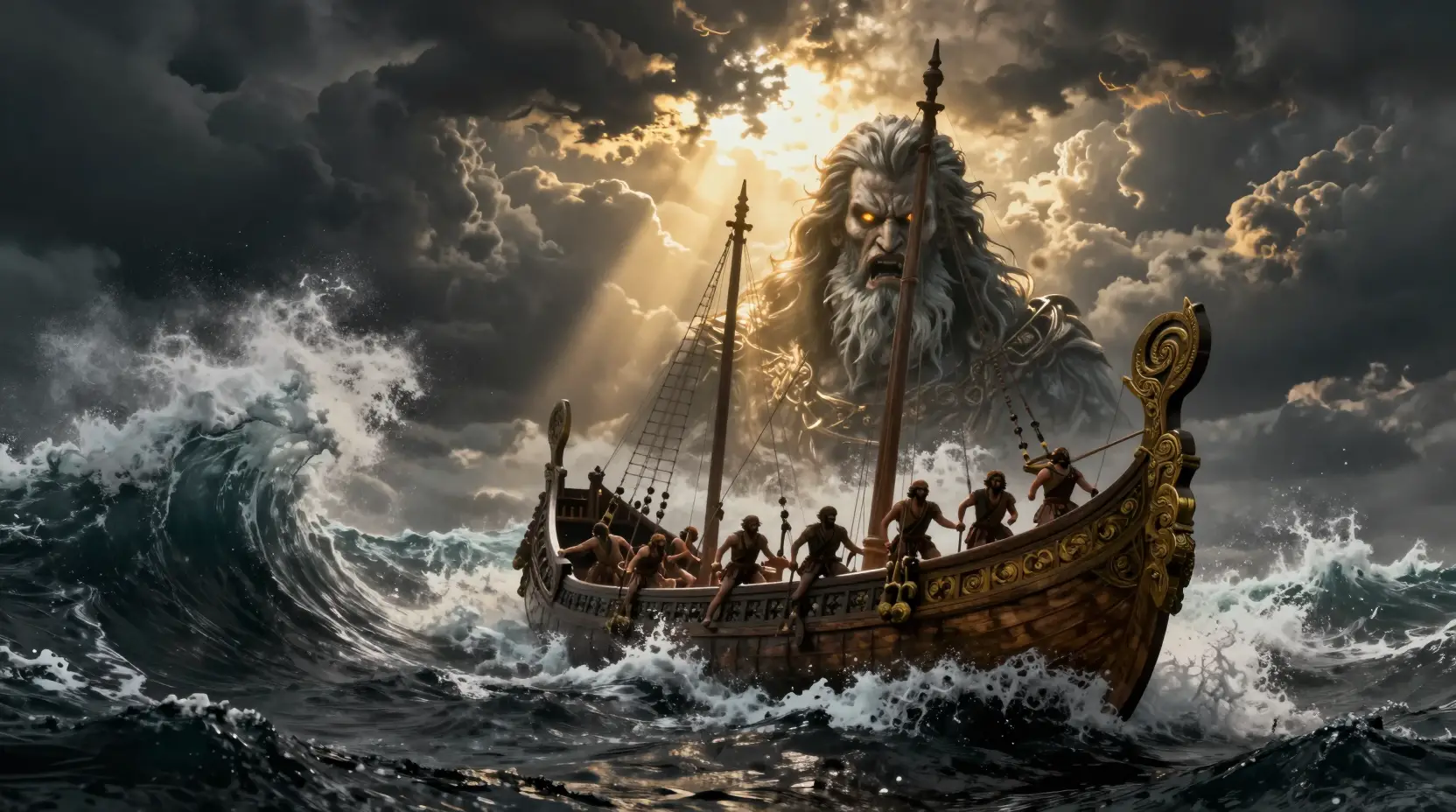 Ancient war ship battles colossal stormy ocean waves