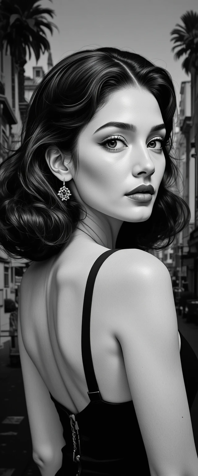 Close-up de uma mulher sensual com skyline da cidade