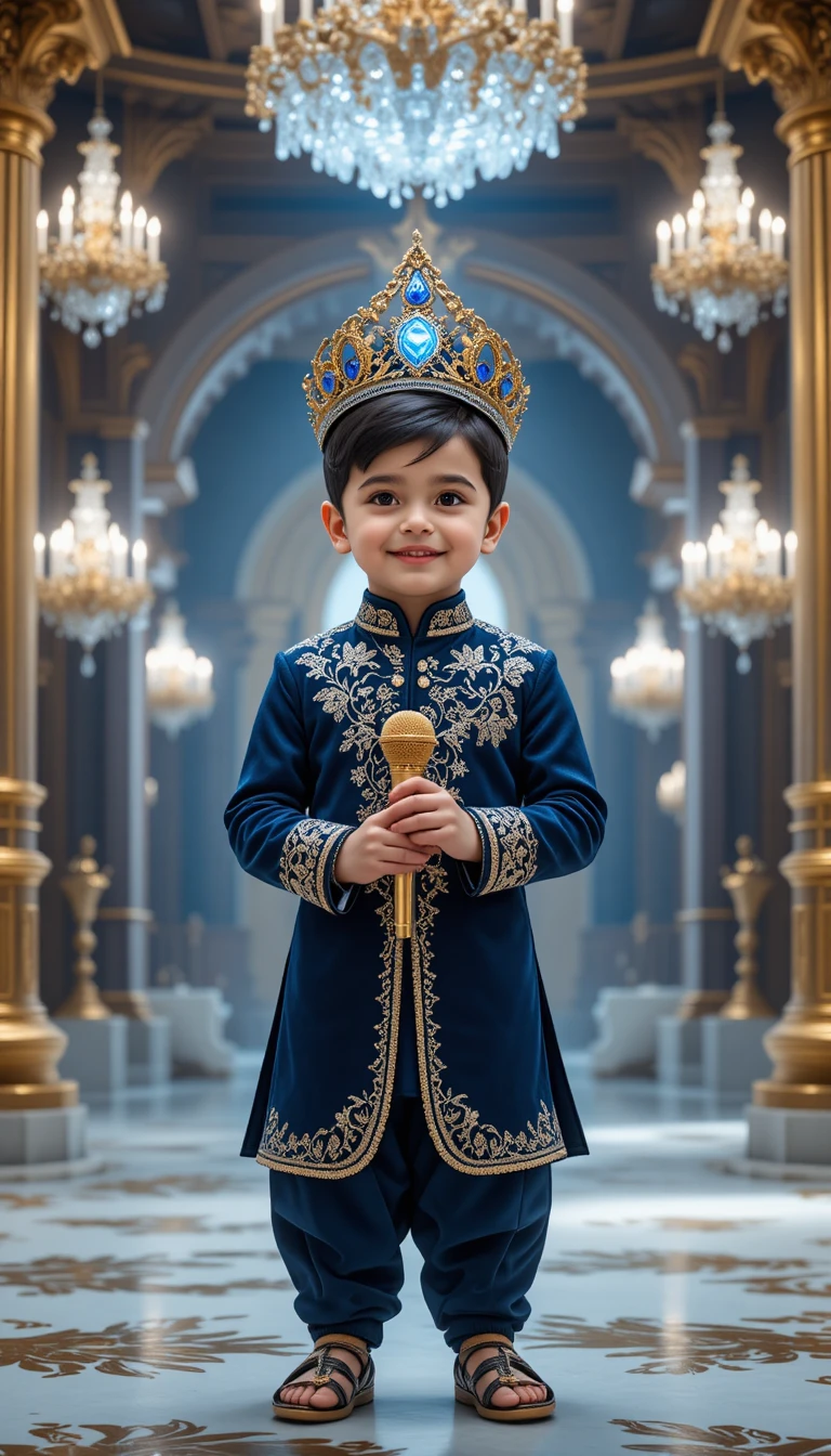 Bebê real de azul sherwani em palácio dourado