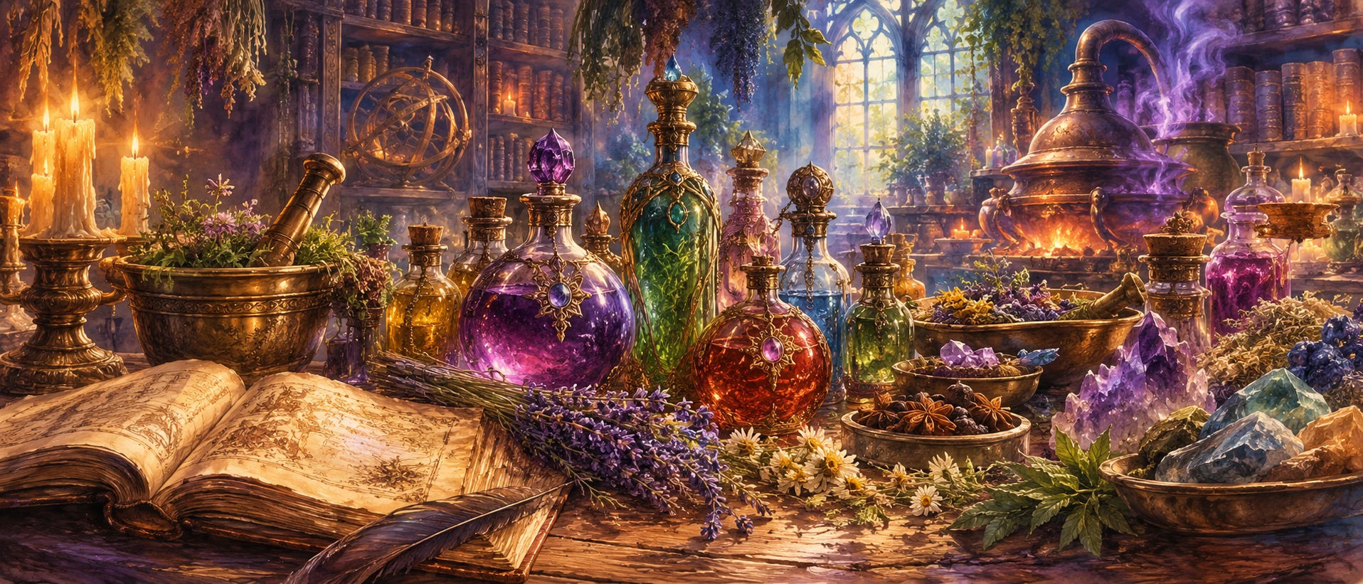 Tavolo di laboratorio magico pieno di pozioni ed erbe